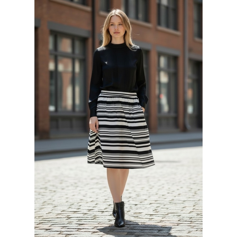 DE Collection‎ Womens XXL Black White Striped Elastic Waist A-Line Rayon Skirt